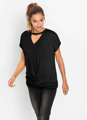 Blusa Decote V com Tira e Tor��o na Barra (Preta)