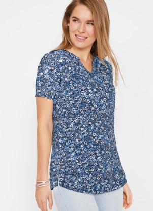 Blusa Decote V Estampada (Floral Azul)