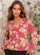 Blusa Decote V Manga Longa Floral Vermelho 