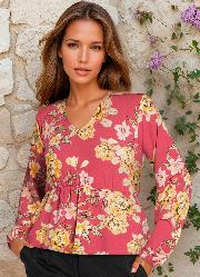 Blusa Decote V Manga Longa Floral Vermelho