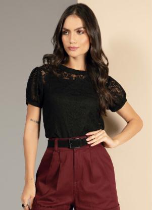Blusa em Renda (Preta) com Mangas Bufantes