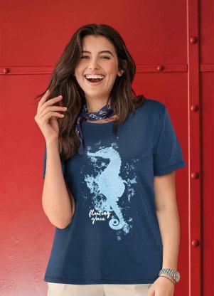 Blusa Estampada com Fenda (Azul Marinho)