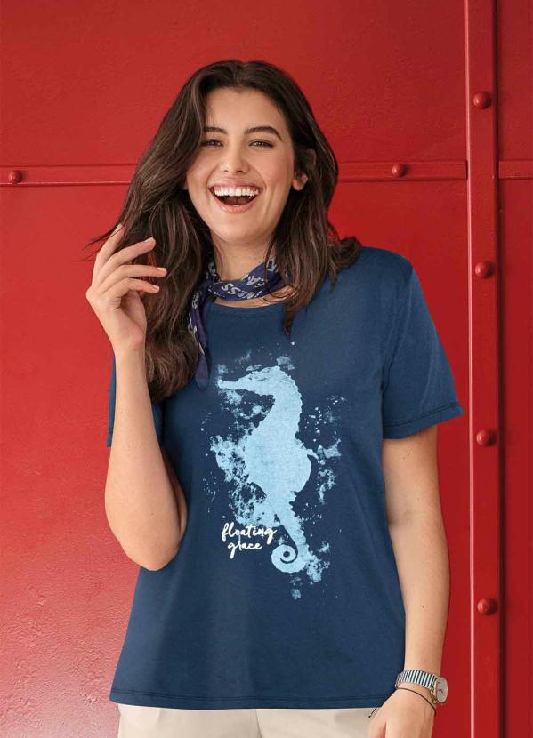 Blusa Estampada com Fenda (Azul Marinho)