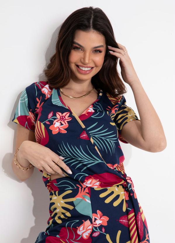 Blusa (Floral Marinho) Transpassada