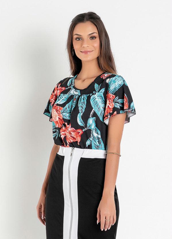 Blusa (Floral Preta) com Franzido Moda Evang�lica