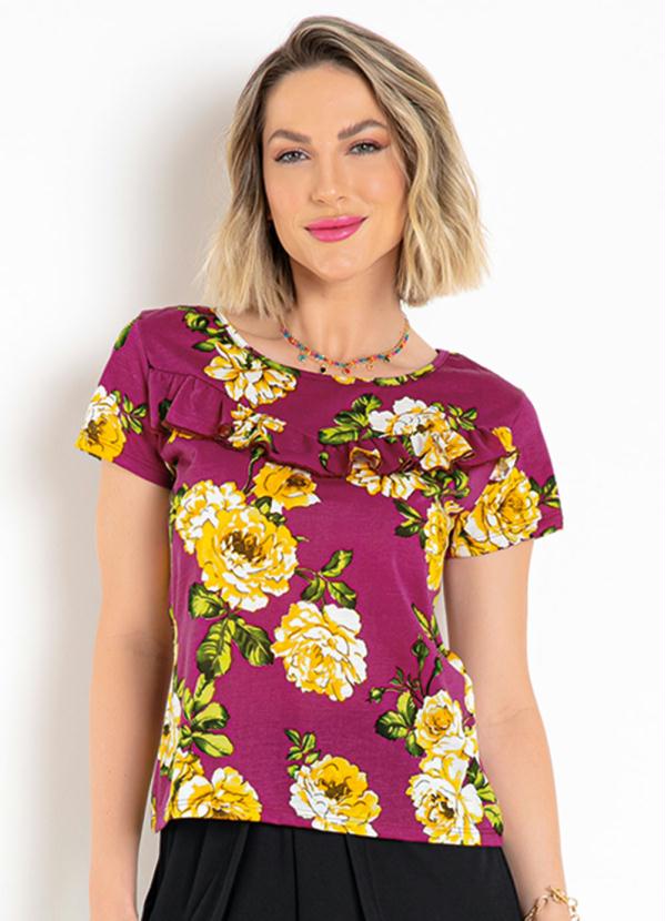 Blusa (Floral P�rpura) com Babado e Mangas Curtas