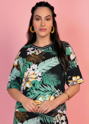 Blusa (Floral Verde) Ampla com Mangas Rovitex