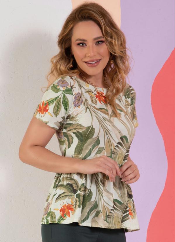 Blusa (Floral Verde) Mangas Curtas com Peplum