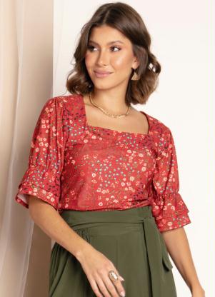Blusa (Floral Vermelho) Decote Quadrado Blusa (Floral Vermelho) Decote Quadrado