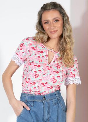 Blusa (Folhagem Rosa) com Renda nas Mangas