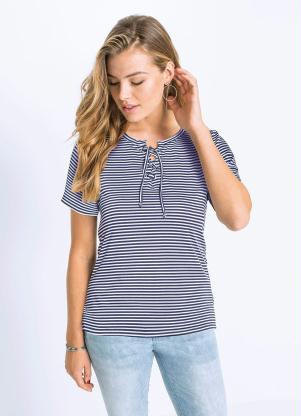 Blusa Listrada com Amarra��o (Azul Marinho)