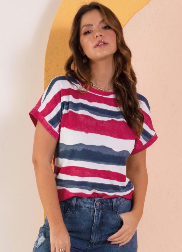 Blusa (Listras Rosa e Azul) com Mangas Curtas Blusa (Listras Rosa e Azul) com Mangas Curtas