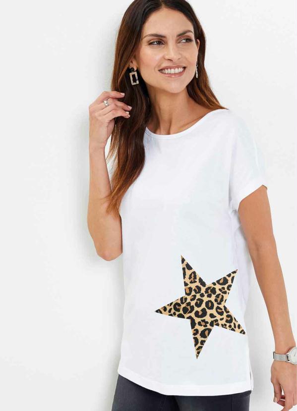 Blusa Manga Curta com Fenda e Estampa (Branca)