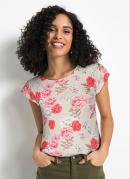 Blusa Manga Curta Decote Redondo Floral Bege 
