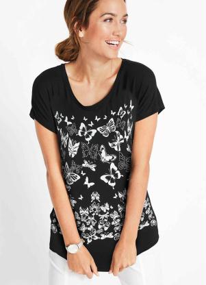 Blusa Manga Curta Estampada Borboleta (Preta)
