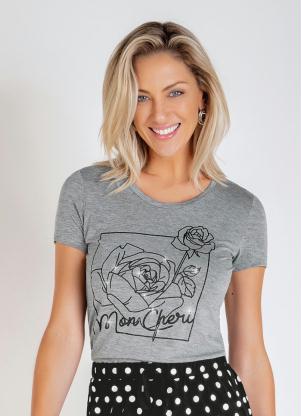 Blusa (Mescla) com Mangas Curtas e Estampa