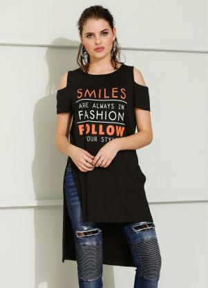 Blusa Mullet com Ombros Vazados e Estampa (Preta)