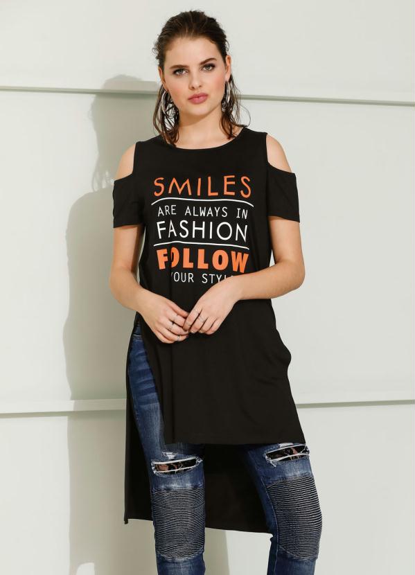 Blusa Mullet com Ombros Vazados e Estampa (Preta)