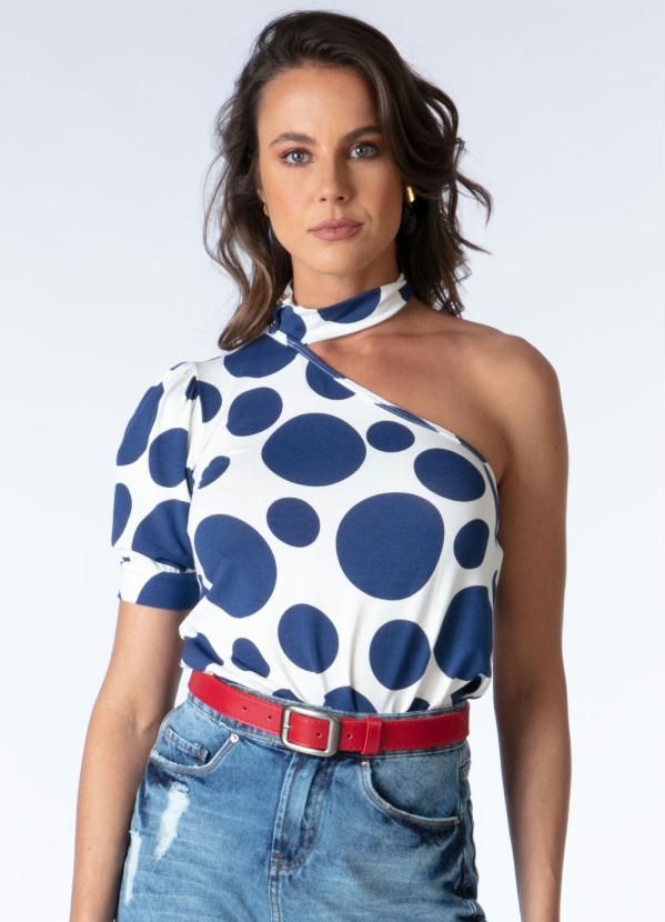 Blusa (Poá Azul) Chocker com Manga Única Bufante Blusa (Poá Azul) Chocker com Manga Única Bufante
