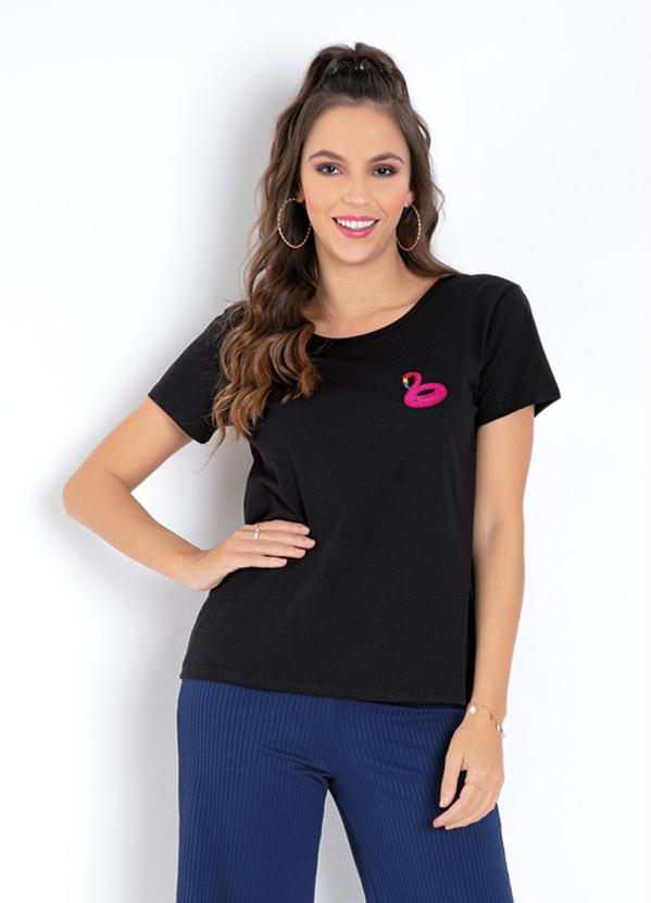 Blusa (Preta) com Manga Curta e Bordado com Paet�