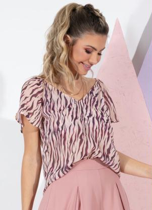 Blusa (Tigre Roxo) Decote V com Mangas Evas�