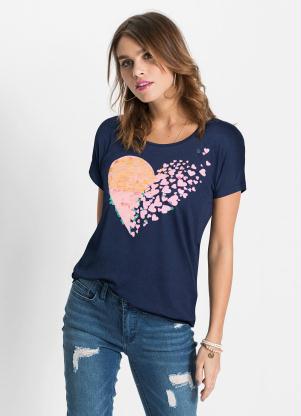 T-Shirt de Cora��o com Lantejoula (Azul Marinho)