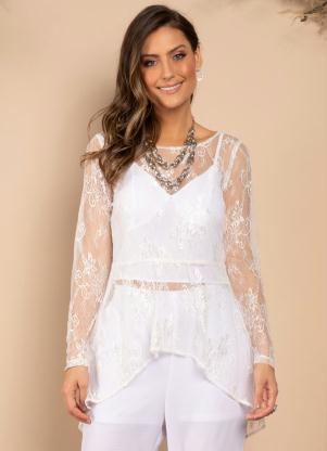 Blusa (Branca) com Rendado Off White e Mullet