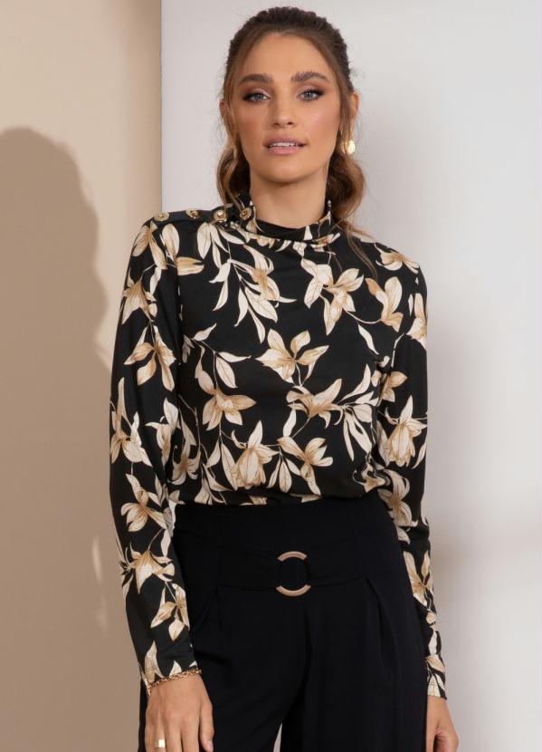 Blusa com Bot�es Decorativos (Floral Caramelo)