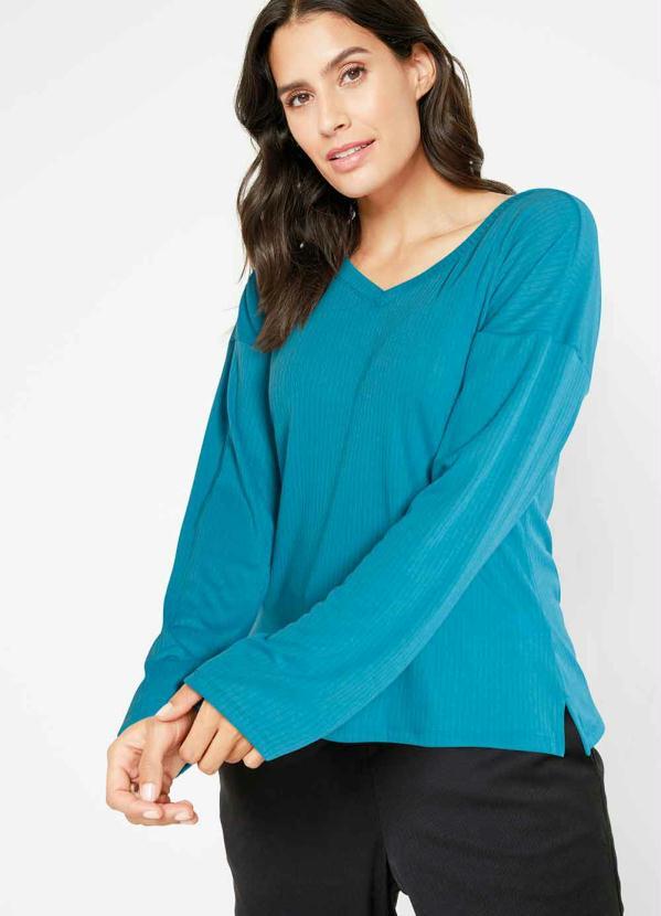 Blusa com Fendas e Decote V (Azul)