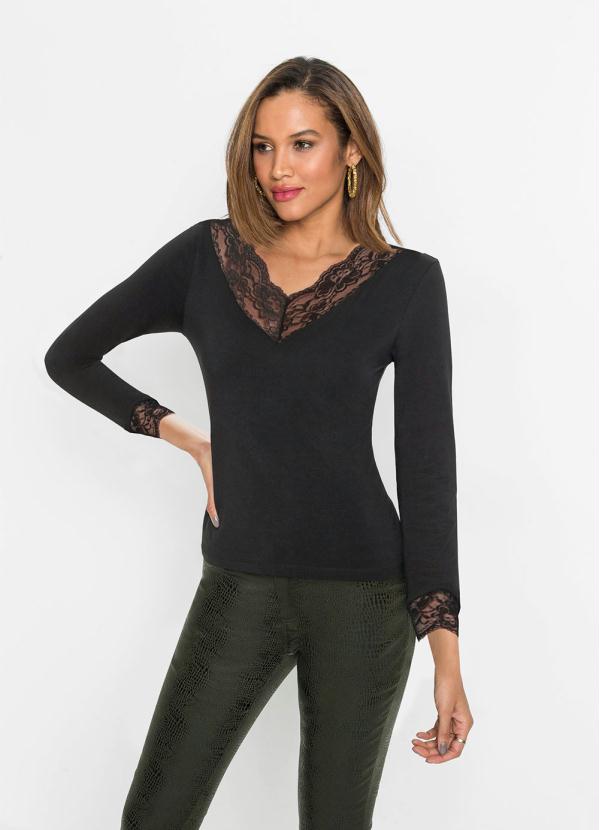 Blusa com Renda nos Punhos e Decote (Preta)