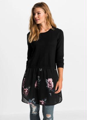 Blusa com Sobreposição Mangas Longas (Preto/Floral Blusa com Sobreposição Mangas Longas (Preto/Floral