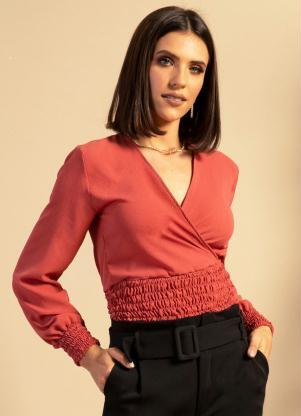 Blusa Cropped (Telha) com Mangas Longas Blusa Cropped (Telha) com Mangas Longas