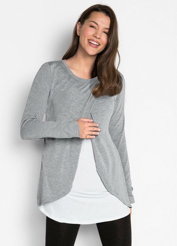Blusa de Amamenta��o Mangas Longas (Mescla/Branco)