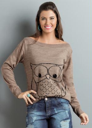 Blusa de L� (Bege) com Desenho Coruja Manga Longa