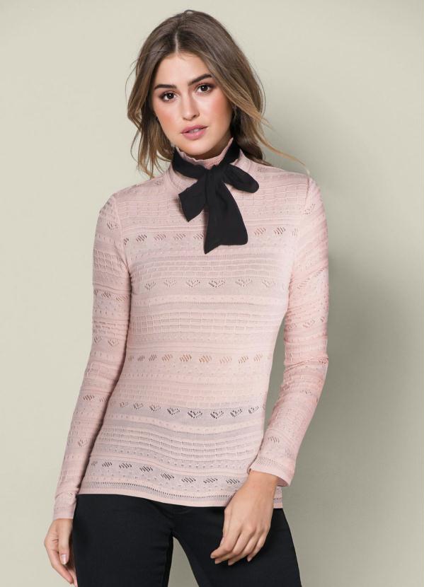 Blusa de Tric� com Gola La�o (Ros� e Preto)
