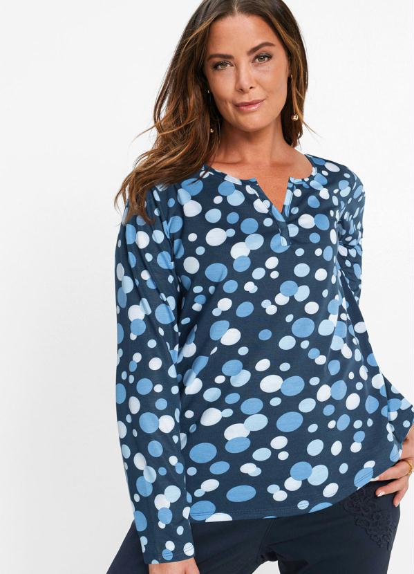 Blusa Decote com Peitilho Frontal (Estampado/Azul)