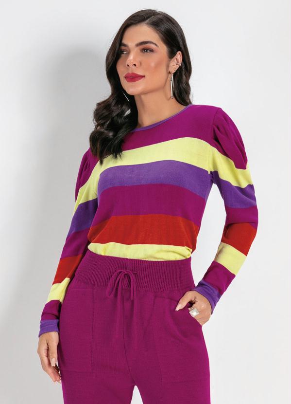 Blusa em Tric� (Listrada) com Pregas nas Mangas