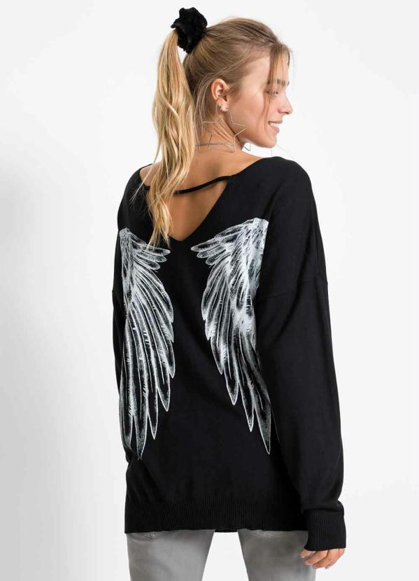 Blusa Estampada e Decote Costas V com Tira (Preto)