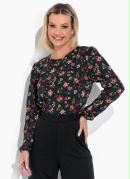 Blusa Floral Preta com Mangas Longas com Punho