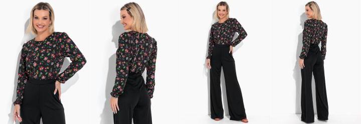 Blusa Floral Preta com Mangas Longas com Punho
