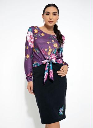 Blusa (Floral Roxo) com Amarração Moda Evangélica Blusa (Floral Roxo) com Amarração Moda Evangélica