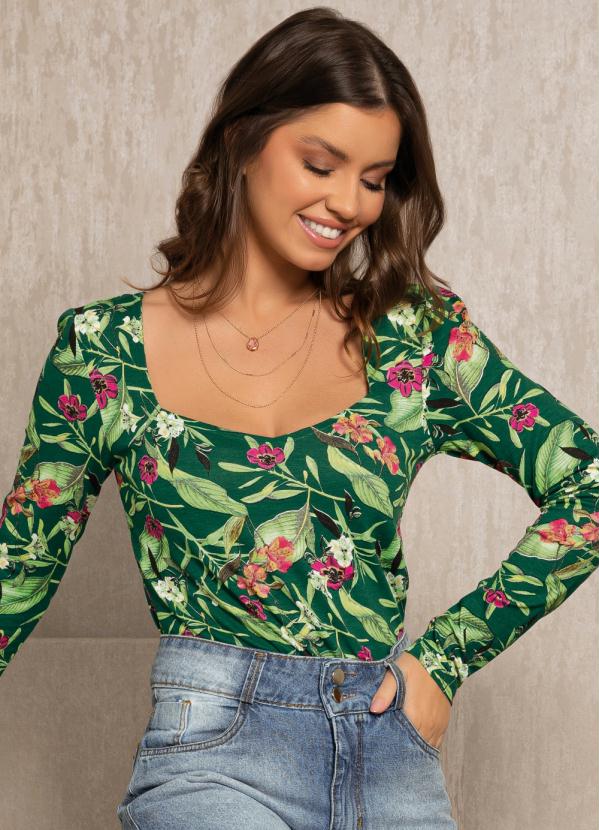 Blusa (Floral Verde) Manga Longa Justa
