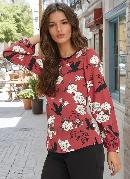 Blusa Floral Vermelho em Crepe Plano