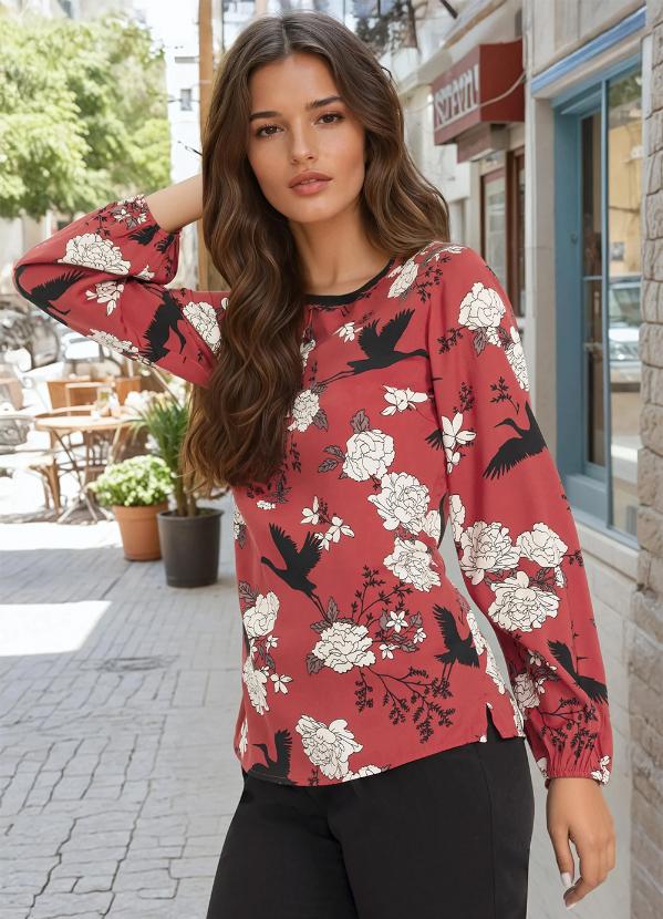 Blusa (Floral Vermelho) em Crepe Plano