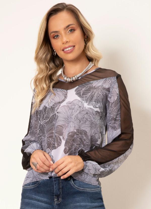 Blusa (Geo �tnico) com Decote e Mangas em Tul�