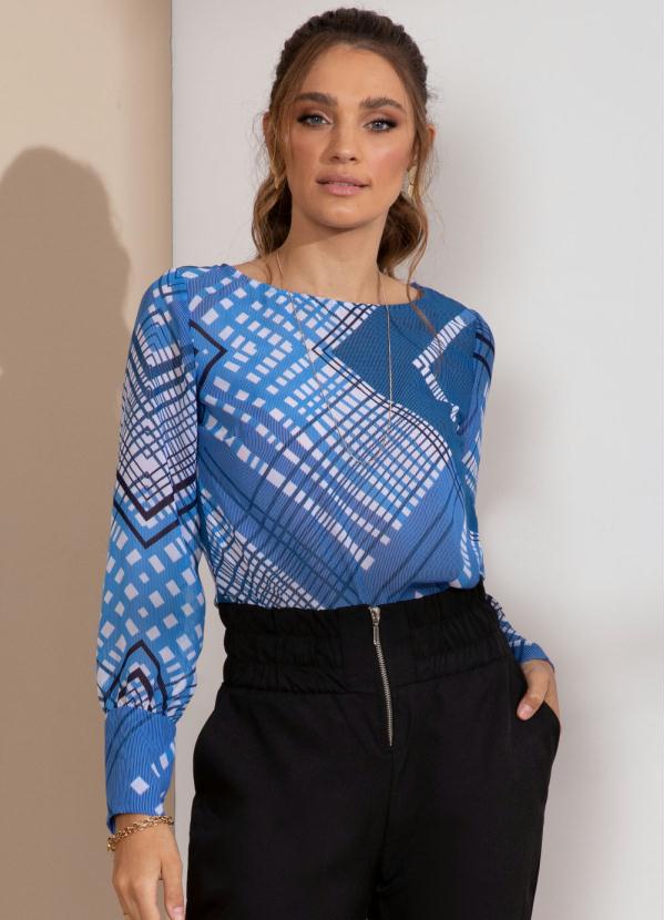Blusa (Geométrico Azul) com Mangas Bufantes Blusa (Geométrico Azul) com Mangas Bufantes