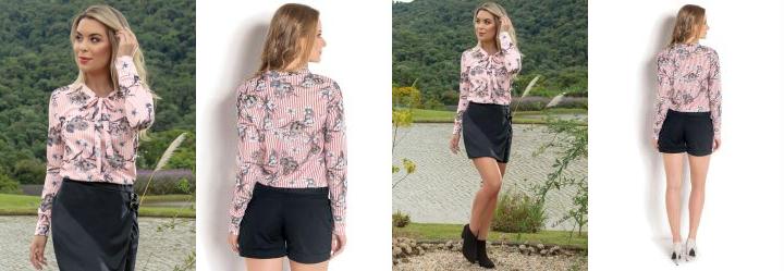 Blusa Gola La�o Rosa Estampa Listras e Floral