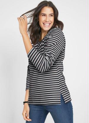 Blusa Listrada com Fendas (Preto/Branco)