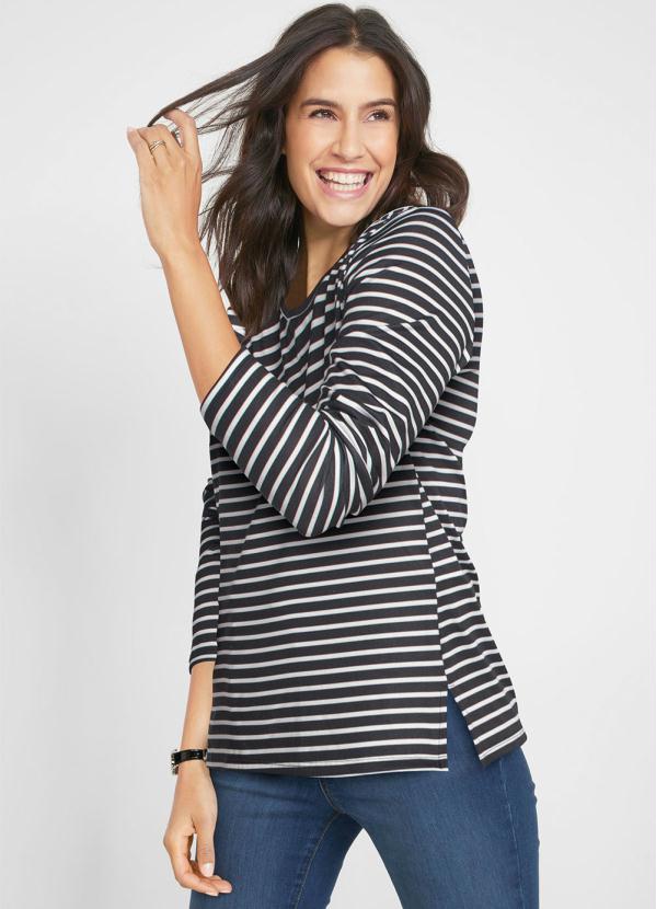 Blusa Listrada com Fendas (Preto/Branco)