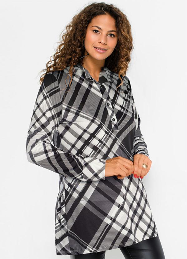 Blusa Longuete com Abotoamento (Xadrez/Preta)